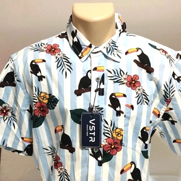 VSTR BLUE WHITE STRIPE TOUCAN CASUAL SHORT SLEEVE BUTTON UP SHIRT SIZE L… - Picture 8 of 8